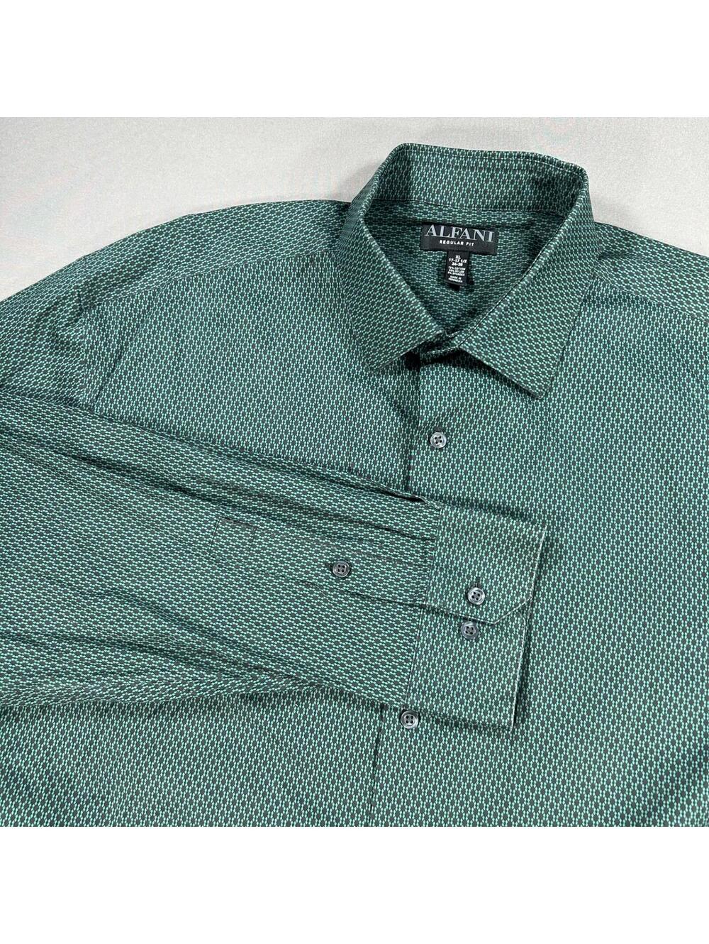 Alfani Men's XL Regular Fit Alfatech Geometric Dress Shirt GREEN 17-17.5 34-35